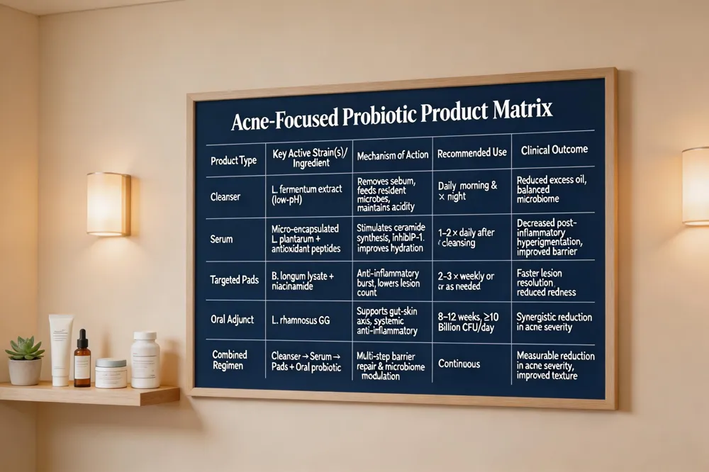 Core Probiotic Strains Summary
| Strain | Skin Benefits | Gut Benefits | Typical Dose (CFU) | Clinical Targets |
|---|---|---|---|---|
| L. rhamnosus GG | Improves barrier, reduces inflammation | Modulates gut microbiota, reduces systemic inflammation | ≥10 Billion per dose | Acne, inflammation, eczema |
| L. plantarum | Enhances ceramide synthesis, reduces TEWL | Supports gut health, anti‑inflammatory | ≥10 Billion per dose | Acne, inflammation |
| B. longum | Suppresses TNF‑α, improves barrier | Gut microbiota balance | ≥10 Billion per dose | Acne, inflammation |
| B. breve | Supports skin hydration, antioxidant | Gut health | ≥10 Billion per dose | General skin health |
| L. lactis (lysate) | Reduces SCORAD scores | Oral supplementation supports gut | N/A (lysate) | Eczema |
| L. reuteri DSM 17938 | Reduces IL‑1β, IL‑6, TNF‑α | Gut immune modulation | ≥10 Billion per dose | Inflammation |
| B. lactis | Improves barrier proteins (claudin‑1, occludin) | Gut health | ≥10 Billion per dose | Eczema |
| L. plantarum WCFS1 | Specific anti‑inflammatory metabolite | Gut health | ≥10 Billion per dose | Inflammation |
| Best probiotics for skin and gut: multi‑strain blends of L. rhamnosus GG, L. plantarum, B. longum, and B. breve, providing ≥10 billion CFU per dose with enteric protection and prebiotic fibers. |
Best probiotics for acne: L. rhamnosus GG, L. plantarum, B. longum, B. lactis, combined with inulin or pomegranate polyphenols for 8‑12 weeks.
Best probiotics for inflammation: L. rhamnosus GG, L. plantarum WCFS1, B. longum BB536, L. reuteri DSM 17938, paired with prebiotic sources to sustain microbial activity and reduce IL‑1β, IL‑6, and TNF‑α.
Top Probiotic Skincare Products for Acne Management
![Acne‑Focused Probiotic Product Matrix
| Product Type | Key Active Strain(s) / Ingredient | Mechanism of Action | Recommended Use | Clinical Outcome |
|---|---|---|---|---|
| Cleanser | L. fermentum extract (low‑pH) | Removes sebum, feeds resident microbes, maintains acidity | Daily, morning & night | Reduced excess oil, balanced microbiome |
| Serum | Micro‑encapsulated L. plantarum + antioxidant peptides | Stimulates ceramide synthesis, inhibits MMP‑1, improves hydration | 1–2 × daily after cleansing | Decreased post‑inflammatory hyperpigmentation, improved barrier |
| Targeted Pads | B. longum lysate + niacinamide | Anti‑inflammatory burst, lowers lesion count | 2–3 × weekly or as needed | Faster lesion resolution, reduced redness |
| Oral Adjunct | L. rhamnosus GG | Supports gut‑skin axis, systemic anti‑inflammatory | 8–12 weeks, ≥10 Billion CFU/day | Synergistic reduction in acne severity |
| Combined Regimen | Cleanser → Serum → Pads + Oral probiotic | Multi‑step barrier repair & microbiome modulation | Continuous | Measurable reduction in acne severity, improved texture |
| 