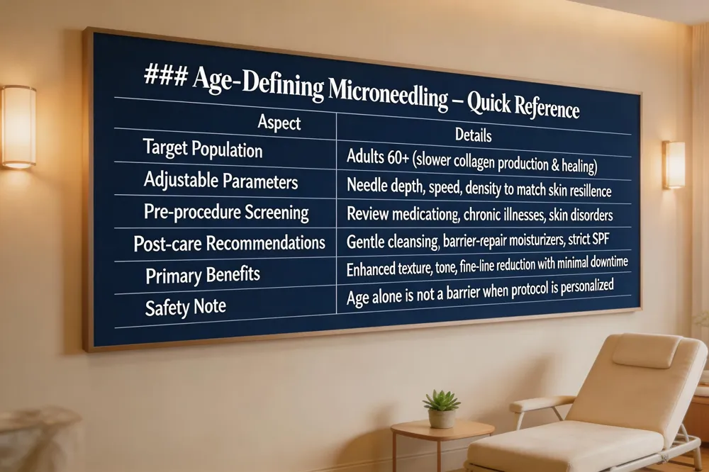### Age‑Defining Microneedling – Quick Reference
| Aspect | Details |
|---|---|
| Target Population | Adults 60+ (slower collagen production & healing) |
| Adjustable Parameters | Needle depth, speed, density to match skin resilience |
| Pre‑procedure Screening | Review medications, chronic illnesses, skin disorders |
| Post‑care Recommendations | Gentle cleansing, barrier‑repair moisturizers, strict SPF |
| Primary Benefits | Enhanced texture, tone, fine‑line reduction with minimal downtime |
| Safety Note | Age alone is not a barrier when protocol is personalized