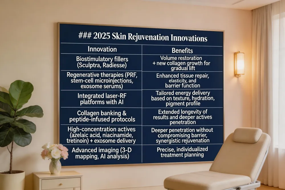 ### 2025 Skin Rejuvenation Innovations
| Innovation | Benefits |
|---|---|
| Biostimulatory fillers (Sculptra, Radiesse) | Volume restoration + new collagen growth for gradual lift |
| Regenerative therapies (PRF, stem‑cell microinjections, exosome serums) | Enhanced tissue repair, elasticity, and barrier function |
| Integrated laser‑RF platforms with AI | Tailored energy delivery based on texture, hydration, pigment profile |
| Collagen banking & peptide‑infused protocols | Extended longevity of results and deeper actives penetration |
| High‑concentration actives (azelaic acid, niacinamide, tretinoin) + exosome delivery | Deeper penetration without compromising barrier, synergistic rejuvenation |
| Advanced imaging (3‑D mapping, AI analysis) | Precise, individualized treatment planning
