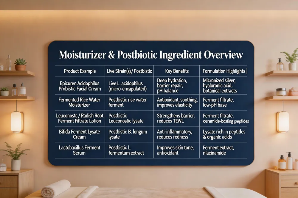 Moisturizer & Postbiotic Ingredient Overview
| Product Example | Live Strain(s) / Postbiotic | Key Benefits | Formulation Highlights |
|---|---|---|---|
| Epicuren Acidophilus Probiotic Facial Cream | Live L. acidophilus (micro‑encapsulated) | Deep hydration, barrier repair, pH balance | Micronized silver, hyaluronic acid, botanical extracts |
| Fermented Rice Water Moisturizer | Postbiotic rice water ferment | Antioxidant, soothing, improves elasticity | Ferment filtrate, low‑pH base |
| Leuconostoc / Radish Root Ferment Filtrate Lotion | Postbiotic Leuconostoc lysate | Strengthens barrier, reduces TEWL | Ferment filtrate, ceramide‑boosting peptides |
| Bifida Ferment Lysate Cream | Postbiotic B. longum lysate | Anti‑inflammatory, reduces redness | Lysate rich in peptides & organic acids |
| Lactobacillus Ferment Serum | Postbiotic L. fermentum extract | Improves skin tone, antioxidant | Ferment extract, niacinamide |
| 