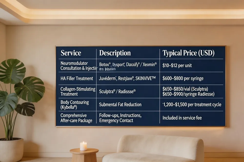 | Service | Description | Typical Price (USD) | |---------|-------------|---------------------| | Neuromodulator Consultation & Injection | Personalized assessment, Botox®, Dysport®, Daxxify® or Xeomin® administration | $10–$12 per unit | | HA Filler Treatment | Volume enhancement using Juvéderm®, Restylane®, SKINVIVE™ | $600–$800 per syringe | | Collagen‑Stimulating Treatment | Sculptra® series or Radiesse® injection | $650–$850 per vial (Sculptra) / $650–$900 per syringe (Radiesse) | | Body Contouring (Kybella®) | Submental fat reduction with deoxycholic acid | $1,200–$1,500 per treatment cycle | | Comprehensive After‑care Package | Follow‑up visits, post‑procedure instructions, emergency contact | Included in service fee |
All procedures are performed by board‑certified physicians in a private, state‑of‑the‑art setting.