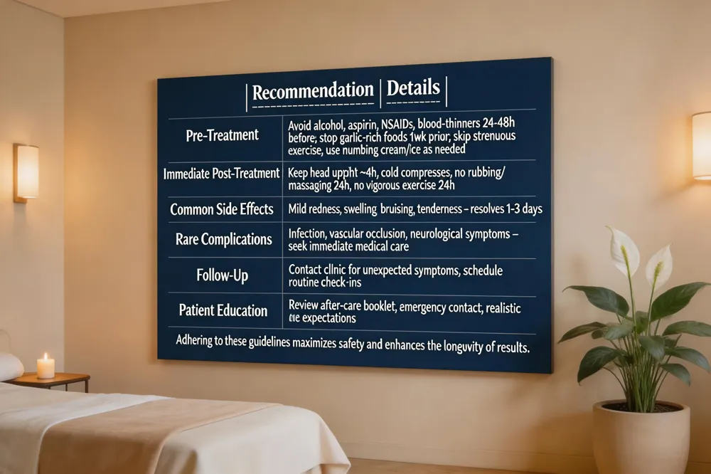 | Recommendation | Details | |----------------|---------| | Pre‑Treatment | Avoid alcohol, aspirin, NSAIDs, and blood‑thinners 24–48 h before; stop garlic‑rich foods 1 week prior; discontinue herbal anticoagulants; skip strenuous exercise; apply topical numbing cream or ice as needed | | Immediate Post‑Treatment | Keep head upright for ~4 h; apply cold compresses to reduce swelling; avoid rubbing or massaging the area for 24 h; refrain from vigorous exercise for 24 h | | Common Side Effects | Mild redness, swelling, bruising, tenderness – typically resolve within 1–3 days | | Rare Complications | Infection (pain, warmth, fever), vascular occlusion (sudden blanching, severe pain, vision changes), neurological symptoms (drooping eyelid, facial weakness) – seek immediate medical care | | Follow‑Up | Contact clinic for any unexpected swelling, drooping, vision changes, or prolonged discomfort; schedule routine check‑ins to assess results | | Patient Education | Review detailed after‑care booklet; provide emergency contact number; emphasize realistic expectations and natural‑looking outcomes |
Adhering to these guidelines maximizes safety and enhances the longevity of results.