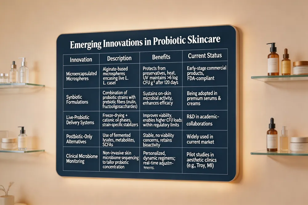 Emerging Innovations in Probiotic Skincare
| Innovation | Description | Benefits | Current Status |
|---|---|---|---|
| Microencapsulated Microspheres | Alginate‑based microspheres encasing live L. casei | Protects from preservatives, heat, UV; maintains >6 log CFU g⁻¹ after 120 days | Early‑stage commercial products, FDA‑compliant |
| Synbiotic Formulations | Combination of probiotic strains with prebiotic fibers (inulin, fructooligosaccharides) | Sustains on‑skin microbial activity, enhances efficacy | Being adopted in premium serums & creams |
| Live‑Probiotic Delivery Systems | Freeze‑drying + cationic oil phases, strain‑specific stabilizers | Improves viability, enables higher CFU loads within regulatory limits | R&D in academic‑industry collaborations |
| Postbiotic‑Only Alternatives | Use of fermented lysates, metabolites, SCFAs | Stable, no viability concerns, retains bioactivity | Widely used in current market |
| Clinical Microbiome Monitoring | Non‑invasive skin microbiome sequencing to tailor probiotic concentration | Personalized, dynamic regimens; real‑time adjustments | Pilot studies in aesthetic clinics (e.g., Troy, MI) |
| 