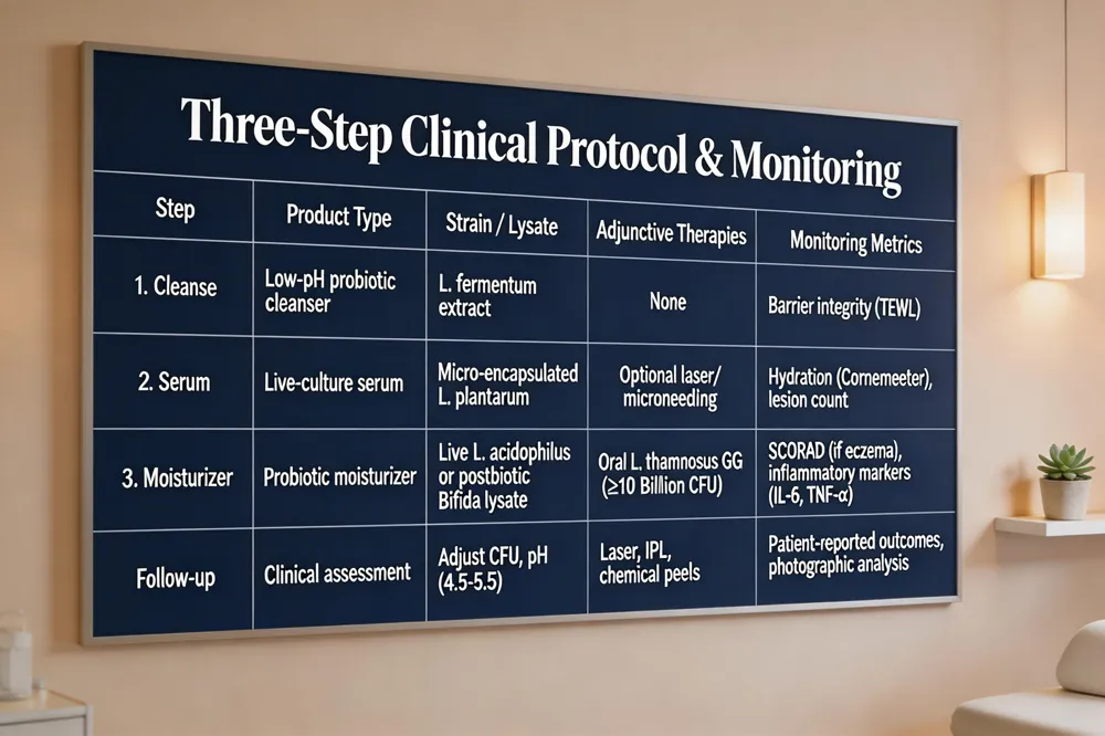 Three‑Step Clinical Protocol & Monitoring
| Step | Product Type | Strain / Lysate | Adjunctive Therapies | Monitoring Metrics |
|---|---|---|---|---|
| 1. Cleanse | Low‑pH probiotic cleanser | L. fermentum extract | None | Barrier integrity (TEWL) |
| 2. Serum | Live‑culture serum | Micro‑encapsulated L. plantarum | Optional laser/microneedling | Hydration (Corneometer), lesion count |
| 3. Moisturizer | Probiotic moisturizer | Live L. acidophilus or postbiotic Bifida lysate | Oral L. rhamnosus GG (≥10 Billion CFU) | SCORAD (if eczema), inflammatory markers (IL‑6, TNF‑α) |
| Follow‑up | Clinical assessment | Adjust CFU, pH (4.5‑5.5) | Laser, IPL, chemical peels | Patient‑reported outcomes, photographic analysis |
| 