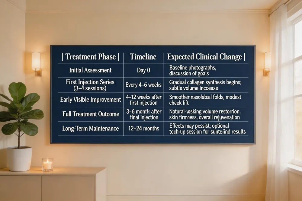 | Treatment Phase | Timeline | Expected Clinical Change | |-----------------|----------|--------------------------| | Initial Assessment | Day 0 | Baseline photographs, discussion of goals | | First Injection Series (3–4 sessions) | Every 4–6 weeks | Gradual collagen synthesis begins; subtle volume increase | | Early Visible Improvement | 4–12 weeks after first injection | Smoother nasolabial folds, modest cheek lift | | Full Treatment Outcome | 3–6 months after final injection | Natural‑looking volume restoration, skin firmness, overall rejuvenation | | Long‑Term Maintenance | 12–24 months | Effects may persist; optional touch‑up session for sustained results |
Key Benefit: Sculptra® provides a gradual, natural‑looking lift that continues to improve as new collagen forms.