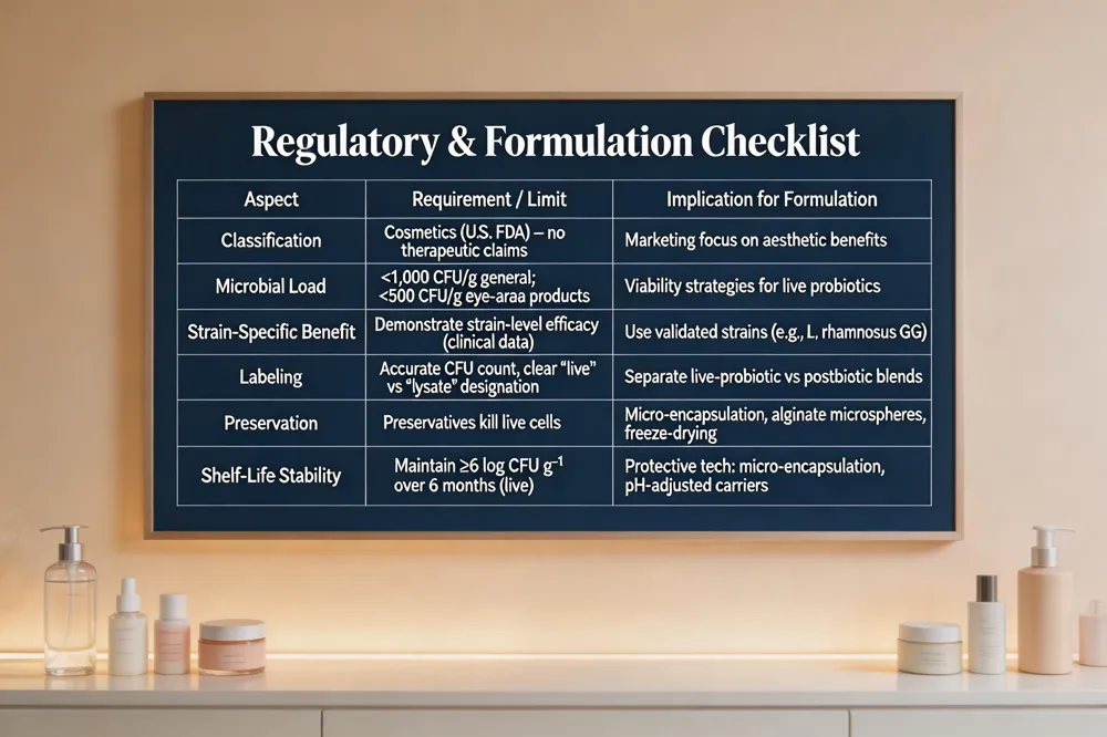 Regulatory & Formulation Checklist
| Aspect | Requirement / Limit | Implication for Formulation |
|---|---|---|
| Classification | Cosmetics (U.S. FDA) – no therapeutic claims | Marketing must focus on aesthetic benefits |
| Microbial Load | <1,000 CFU/g for general cosmetics; <500 CFU/g for eye‑area products | Viability strategies needed for live probiotics |
| Strain‑Specific Benefit | Demonstrate strain‑level efficacy (clinical data) | Use validated strains (e.g., L. rhamnosus GG) |
| Labeling | Accurate CFU count, clear “live” vs “lysate” designation | Separate live‑probiotic products from postbiotic blends |
| Preservation | Preservatives can kill live cells | Micro‑encapsulation, alginate microspheres, freeze‑drying employed |
| Shelf‑Life Stability | Maintain ≥6 log CFU g⁻¹ over 6 months (if live) | Use protective technologies (micro‑encapsulation, pH‑adjusted carriers) |
| 