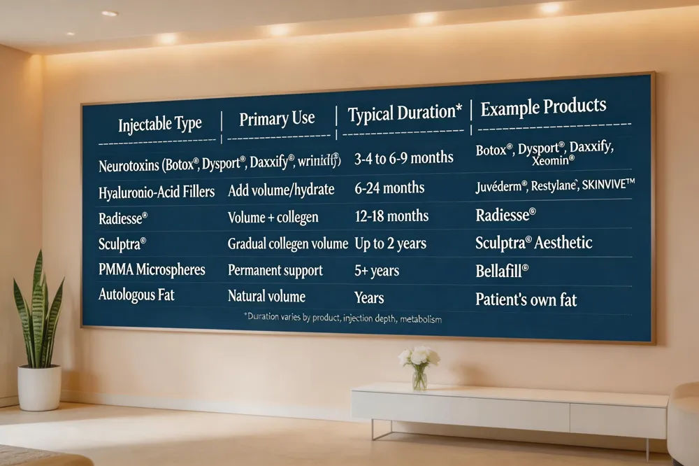 | Injectable Type | Primary Use | Typical Duration* | Example Products | |-----------------|-------------|-------------------|------------------| | Neurotoxins (e.g., Botox®, Dysport®, Daxxify®) | Relax facial muscles to soften dynamic wrinkles (frown lines, crow’s feet, forehead furrows) | 3–4 months (Botox/Dysport) – 6–9 months (Daxxify) | Botox®, Dysport®, Daxxify®, Xeomin® | | Hyaluronic‑acid (HA) fillers | Add immediate volume, hydrate skin, smooth static lines | 6–12 months (most) – up to 24 months for high‑volume products | Juvéderm®, Restylane®, SKINVIVE™ | | Calcium‑hydroxylapatite (Radiesse®) | Volume restoration + collagen stimulation | 12–18 months | Radiesse® | | Poly‑L‑lactic acid (Sculptra®) | Collagen‑stimulating biostimulator for gradual volume increase | Up to 2 years | Sculptra® Aesthetic | | PMMA microspheres | Permanent structural support for deep depressions | Long‑term (5+ years) | Bellafill® | | Autologous fat grafts | Natural tissue augmentation, long‑lasting volume | Variable (years) | Patient’s own fat |
*Duration varies by product, injection depth, and individual metabolism.