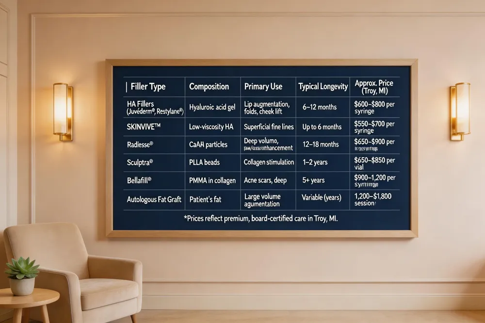 | Filler Type | Composition | Primary Use | Typical Longevity | Approx. Price (Troy, MI) | |-------------|------------|-------------|-------------------|--------------------------| | HA Fillers (e.g., Juvéderm®, Restylane®) | Hyaluronic acid gel | Lip augmentation, nasolabial folds, tear‑track, cheek lift | 6–12 months (some up to 24 months) | $600–$800 per syringe | | SKINVIVE™ | HA with low‑viscosity | Superficial fine lines | Up to 6 months | $550–$700 per syringe | | Calcium Hydroxylapatite (Radiesse®) | Micronized CaHA particles | Deep volume, cheek & jawline enhancement | 12–18 months | $650–$900 per syringe | | Poly‑L‑lactic acid (Sculptra®) | Synthetic PLLA beads | Collagen stimulation, gradual volume restoration | 1–2 years (full effect up to 3 years) | $650–$850 per vial | | PMMA Microspheres (Bellafill®) | Polymethyl methacrylate particles in collagen | Permanent correction of acne scars & deep folds | 5+ years | $900–$1,200 per syringe | | Autologous Fat Graft | Patient’s harvested fat | Large‑area volume, chin & cheek augmentation | Variable (years) | $1,200–$1,800 per session |
Prices reflect premium, board‑certified care in Troy, MI.