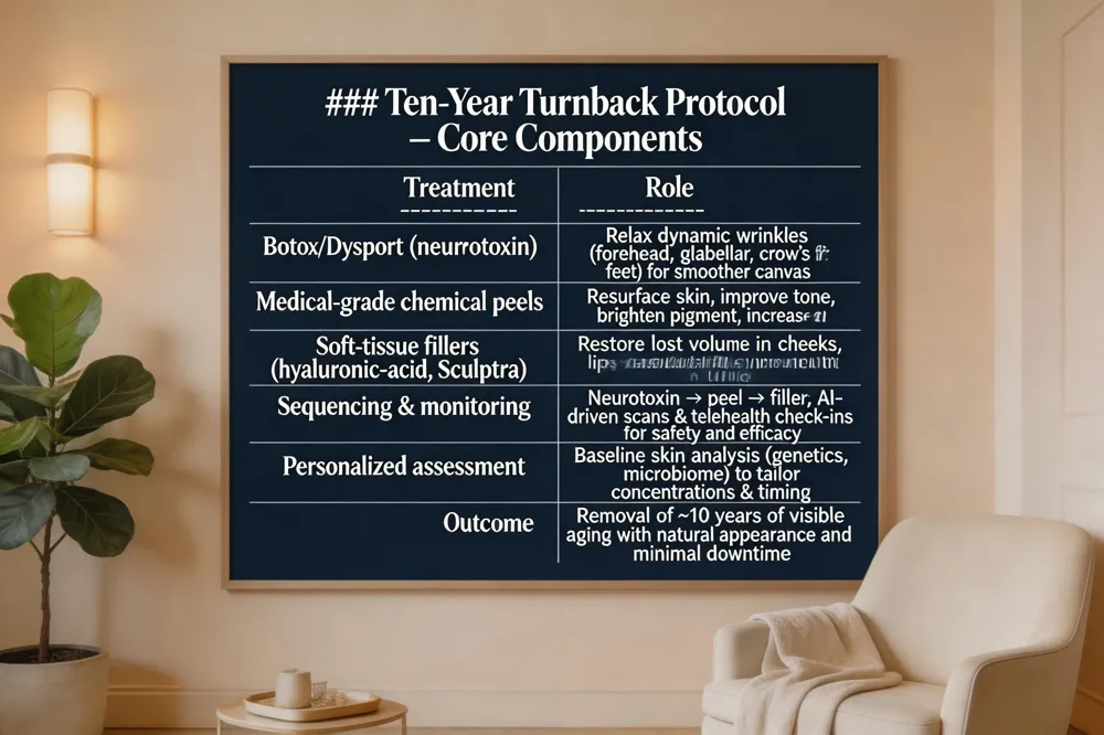 ### Ten‑Year Turnback Protocol – Core Components
| Treatment | Role |
|---|---|
| Botox/Dysport (neurotoxin) | Relax dynamic wrinkles (forehead, glabellar, crow’s feet) for smoother canvas |
| Medical‑grade chemical peels | Resurface skin, improve tone, brighten pigment, increase cell turnover |
| Soft‑tissue fillers (hyaluronic‑acid, Sculptra) | Restore lost volume in cheeks, lips, nasolabial folds, provide structural lift |
| Sequencing & monitoring | Neurotoxin → peel → filler; AI‑driven scans & telehealth check‑ins for safety and efficacy |
| Personalized assessment | Baseline skin analysis (genetics, microbiome) to tailor concentrations & timing |
| Outcome | Removal of ~10 years of visible aging with natural appearance and minimal downtime
