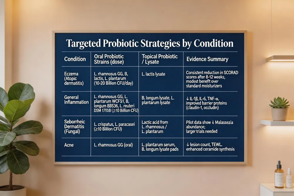 Targeted Probiotic Strategies by Condition
| Condition | Oral Probiotic Strains (dose) | Topical Probiotic / Lysate | Evidence Summary |
|---|---|---|---|
| Eczema (Atopic dermatitis) | L. rhamnosus GG, B. lactis, L. plantarum (10‑20 Billion CFU/day) | L. lactis lysate | Consistent reduction in SCORAD scores after 8‑12 weeks; modest benefit over standard moisturizers |
| General Inflammation | L. rhamnosus GG, L. plantarum WCFS1, B. longum BB536, L. reuteri DSM 17938 (≥10 Billion CFU) | B. longum lysate, L. plantarum lysate | ↓ IL‑1β, IL‑6, TNF‑α; improved barrier proteins (claudin‑1, occludin) |
| Seborrheic Dermatitis (Fungal) | L. crispatus, L. paracasei (≥10 Billion CFU) | Lactic acid from L. rhamnosus / L. plantarum | Pilot data show ↓ Malassezia abundance; larger trials needed |
| Acne | L. rhamnosus GG (oral) | L. plantarum serum, B. longum lysate pads | ↓ lesion count, TEWL; enhanced ceramide synthesis |
| 