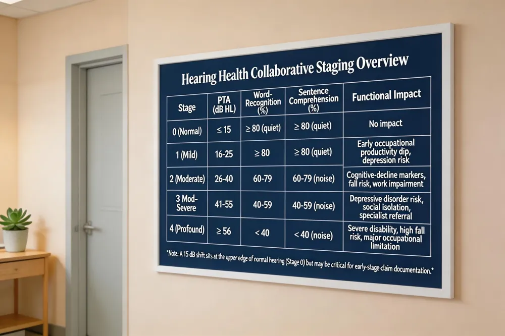Hearing Health Collaborative Staging Overview
| Stage | PTA (dB HL) | Word‑Recognition (%) | Sentence Comprehension (%) | Functional Impact |
|---|---|---|---|---|
| 0 (Normal) | ≤ 15 | ≥ 80 (quiet) | ≥ 80 (quiet) | No impact |
| 1 (Mild) | 16‑25 | ≥ 80 | ≥ 80 (quiet) | Early occupational productivity dip, risk of depression |
| 2 (Moderate) | 26‑40 | 60‑79 | 60‑79 (noise) | Cognitive‑decline markers, fall risk, measurable work impairment |
| 3 (Mod‑Severe) | 41‑55 | 40‑59 | 40‑59 (noise) | Depressive disorder risk, social isolation, specialist referral |
| 4 (Profound) | ≥ 56 | < 40 | < 40 (noise) | Severe disability, high fall risk, major occupational limitation |
Note: A 15 dB shift sits at the upper edge of normal hearing (Stage 0) but may be critical for early‑stage claim documentation. 