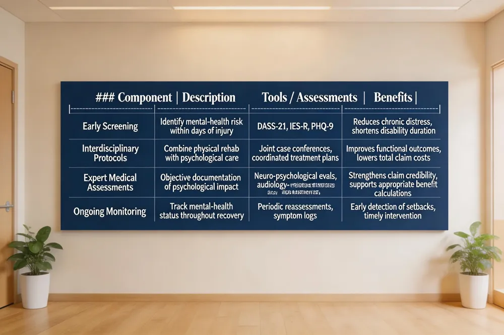 ### Component | Description | Tools / Assessments | Benefits |
|---|---|---|---|
| Early Screening | Identify mental‑health risk within days of injury | DASS‑21, IES‑R, PHQ‑9 | Reduces chronic distress, shortens disability duration |
| Interdisciplinary Protocols | Combine physical rehab with psychological care | Joint case conferences, coordinated treatment plans | Improves functional outcomes, lowers total claim costs |
| Expert Medical Assessments | Objective documentation of psychological impact | Neuro‑psychological evals, audiology‑related stress assessments | Strengthens claim credibility, supports appropriate benefit calculations |
| Ongoing Monitoring | Track mental‑health status throughout recovery | Periodic reassessments, symptom logs | Early detection of setbacks, timely intervention |
| 