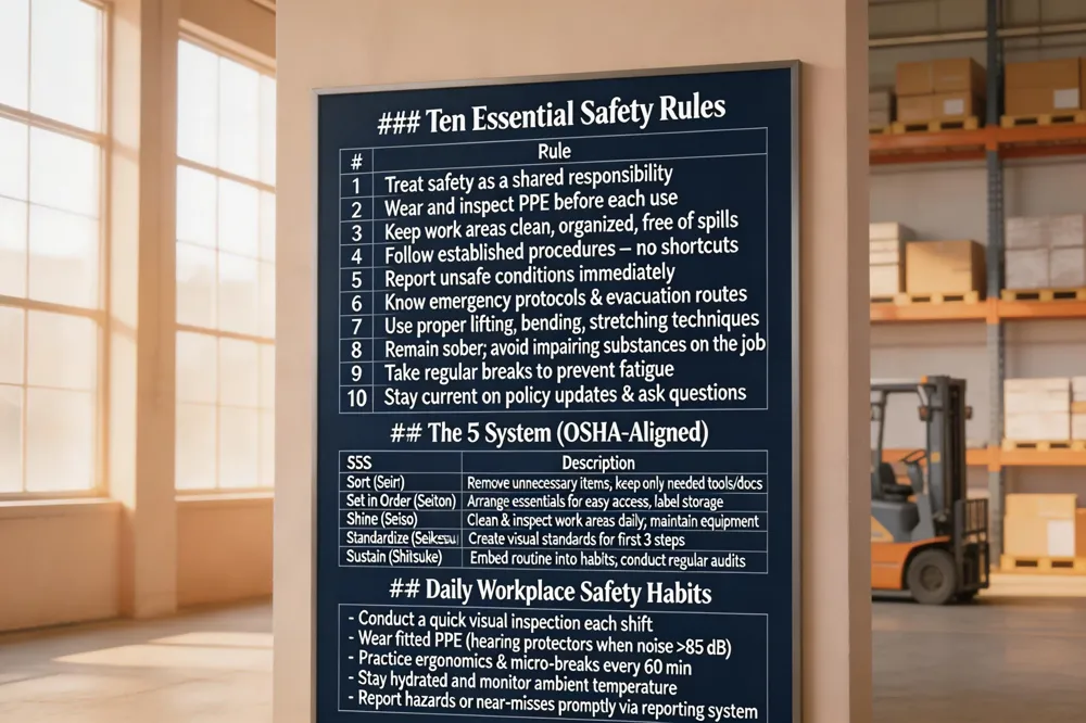### Ten Essential Safety Rules
| # | Rule |
|---|---|
| 1 | Treat safety as a shared responsibility |
| 2 | Wear and inspect PPE before each use |
| 3 | Keep work areas clean, organized, and free of spills or obstructions |
| 4 | Follow established procedures – no shortcuts |
| 5 | Report unsafe conditions immediately |
| 6 | Know emergency protocols and evacuation routes |
| 7 | Use proper lifting, bending, and stretching techniques |
| 8 | Remain sober; avoid impairing substances on the job |
| 9 | Take regular breaks to prevent fatigue |
| 10 | Stay current on policy updates and ask questions when unclear |
The 5 S System (OSHA‑Aligned)
| 5 S | Description |
|---|---|
| Sort (Seiri) | Remove unnecessary items; keep only tools/documents needed |
| Set in Order (Seiton) | Arrange essential items for easy access, label storage |
| Shine (Seiso) | Clean and inspect work areas daily; maintain equipment |
| Standardize (Seiketsu) | Create visual standards (checklists, signage) for the first three steps |
| Sustain (Shitsuke) | Embed the routine into daily habits; conduct regular audits |
Daily Workplace Safety Habits
- Conduct a quick visual inspection each shift
- Wear fitted PPE (include hearing protectors when noise >85 dB)
- Practice ergonomics and micro‑breaks every 60 min
- Stay hydrated and monitor ambient temperature
- Report hazards or near‑misses promptly via the reporting system 