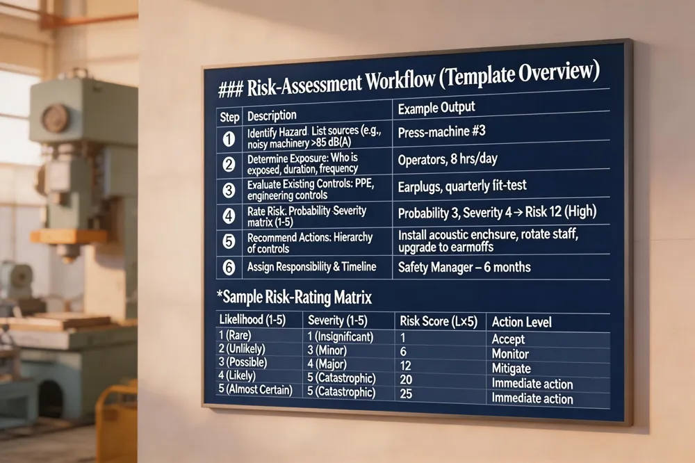 ### Risk‑Assessment Workflow (Template Overview)
| Step | Description | Example Output |
|---|---|---|
| 1️⃣ Identify Hazard | List sources (e.g., noisy machinery >85 dB(A)) | "Press‑machine #3" |
| 2️⃣ Determine Exposure | Who is exposed, duration, frequency | "Operators, 8 hrs/day" |
| 3️⃣ Evaluate Existing Controls | PPE, engineering controls, administrative measures | "Earplugs, quarterly fit‑test" |
| 4️⃣ Rate Risk | Use Probability‑Severity matrix (1‑5) | "Probability 3, Severity 4 → Risk 12 (High)" |
| 5️⃣ Recommend Actions | Hierarchy of controls: Eliminate → Engineer → Admin → PPE | "Install acoustic enclosure, rotate staff, upgrade to earmuffs" |
| 6️⃣ Assign Responsibility & Timeline | Owner, target date | "Safety Manager – 6 months" |
Sample Risk‑Rating Matrix
| Likelihood (1‑5) | Severity (1‑5) | Risk Score (L×S) | Action Level |
|---|---|---|---|
| 1 (Rare) | 1 (Insignificant) | 1 | Accept |
| 2 (Unlikely) | 3 (Minor) | 6 | Monitor |
| 3 (Possible) | 4 (Major) | 12 | Mitigate |
| 4 (Likely) | 5 (Catastrophic) | 20 | Immediate action |
| 5 (Almost Certain) | 5 (Catastrophic) | 25 | Immediate action |
| 