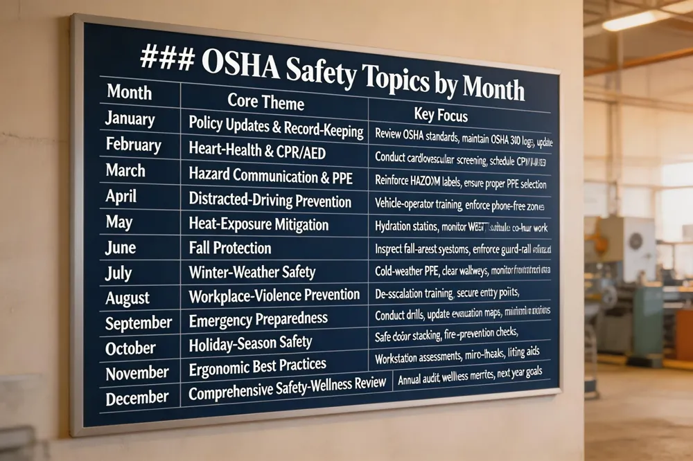 ### OSHA Safety Topics by Month
| Month | Core Theme | Key Focus |
|---|---|---|
| January | Policy Updates & Record‑Keeping | Review OSHA standards, maintain accurate OSHA 300 logs, update safety policies |
| February | Heart‑Health & CPR/AED | Conduct cardiovascular screening, schedule CPR/AED refresher training |
| March | Hazard Communication & PPE | Reinforce hazard‑communication (HAZCOM) labels, ensure proper PPE selection |
| April | Distracted‑Driving Prevention | Vehicle‑operator training, enforce phone‑free zones, vehicle inspections |
| May | Heat‑Exposure Mitigation | Hydration stations, monitor WBGT, schedule work during cooler hours |
| June | Fall Protection | Inspect fall‑arrest systems, enforce guard‑rail use, conduct fall‑hazard assessments |
| July | Winter‑Weather Safety | Provide cold‑weather PPE, clear walkways, monitor for frostbite/ hypothermia |
| August | Workplace‑Violence Prevention | De‑escalation training, secure entry points, incident reporting protocol |
| September | Emergency Preparedness | Conduct drills, update evacuation maps, maintain emergency kits |
| October | Holiday‑Season Safety | Safe stacking of décor, fire‑prevention checks, increased staffing for fatigue monitoring |
| November | Ergonomic Best Practices | workstation workstation assessments, promote micro‑breaks, provide lifting aids |
| December | Comprehensive Safety‑and‑Wellness Review | Annual program audit, integrate wellness metrics, set goals for next year |
| 