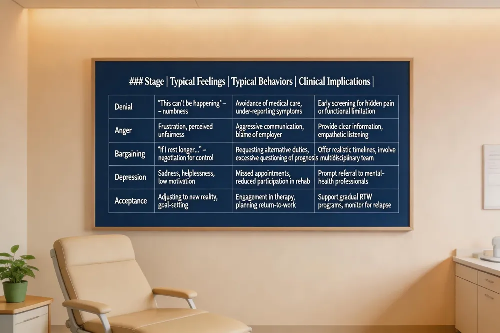 ### Psychological Factor | Description | Evidence (Key Study) | Employer Strategy |
|---|---|---|---|
| Stressors | High‑level stress, daily hassles, anxiety increase muscle tension | Retrospective cohort of 7,556 surgical injuries – post‑injury anxiety ARR = 1.00 | Implement stress‑reduction programs, provide mental‑health resources |
| Coping Resources | Adaptive coping (problem‑solving, social support) buffers stress | Limited coping linked to higher depressive/substance‑use rates | Foster supportive culture, offer counseling, promote modified‑duty options |
| Emotional/Personality Traits | Somatic anxiety, irritability, catastrophizing affect attention & risk‑taking | Meta‑analysis: ρ = 0.21 between negative cognitions & post‑injury mental‑health issues | Train supervisors to recognize maladaptive coping, provide early psychological screening |
| Research consistently shows that three psychological domains drive injury likelihood in the workplace. |
-
Psychological stressors – High‑level stress, daily hassles, and anxiety raise physiological arousal and muscle tension, making workers more susceptible to slips, falls, and over‑exertion. The retrospective cohort of 7,556 surgical workplace injuries found that post‑injury anxiety rates surged (ARR = 1.00) compared with non‑workplace injuries, underscoring how stress amplifies risk.
-
Coping resources – The ability to manage stress through adaptive strategies (e.g., problem‑solving, social support) buffers the harmful effects of stressors. Workers with limited coping mechanisms are more likely to develop depressive or substance‑use disorders after injury, which in turn delay return‑to‑work and increase claim costs.
-
Emotional and personality traits – Traits such as somatic anxiety, irritability, and catastrophizing shape attention, decision‑making, and risk‑taking behavior. Meta‑analytic evidence links negative cognitions (rumination, catastrophizing) to a 0.21 correlation (ρ) with mental‑health challenges after injury.
Employer strategies – To mitigate these risks, employers should: (a) implement stress‑reduction programs and provide access to mental‑health professionals; (b) foster a supportive culture that encourages early reporting and use of modified‑duty options; and (c) train supervisors to recognize and address maladaptive coping and catastrophic thinking. Early identification and integrated physical‑mental care can curb the post‑injury mental‑health trajectory, improve functional outcomes, and reduce long‑term workers’ compensation costs.
The Emotional Journey: Stages of Grief After an Injury
| ![### Stage | Typical Feelings | Typical Behaviors | Clinical Implications |
|---|---|---|---|
| Denial | “This can’t be happening” – numbness | Avoidance of medical care, under‑reporting symptoms | Early screening for hidden pain or functional limitation |
| Anger | Frustration, perceived unfairness | Aggressive communication, blame of employer | Provide clear information, empathetic listening |
| Bargaining | “If I rest longer…” – negotiation for control | Requesting alternative duties, excessive questioning of prognosis | Offer realistic timelines, involve multidisciplinary team |
| Depression | Sadness, helplessness, low motivation | Missed appointments, reduced participation in rehab | Prompt referral to mental‑health professionals |
| Acceptance | Adjusting to new reality, goal‑setting | Engagement in therapy, planning return‑to‑work | Support gradual RTW programs, monitor for relapse |
| 