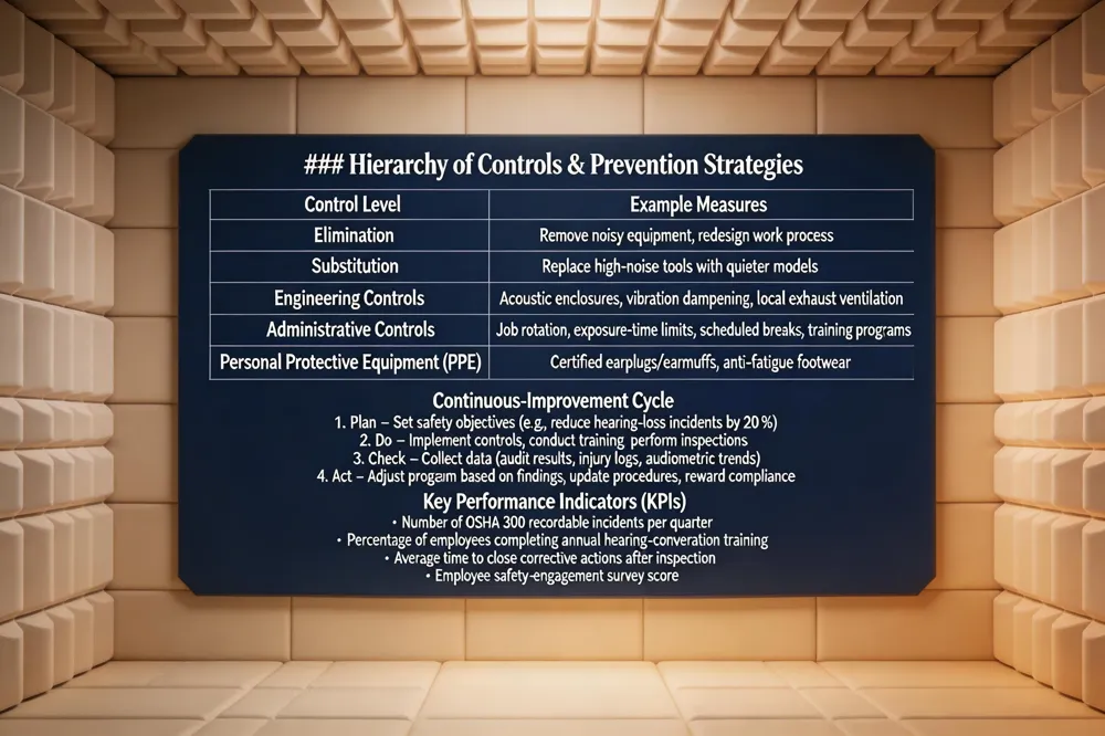 ### Hierarchy of Controls & Prevention Strategies
| Control Level | Example Measures |
|---|---|
| Elimination | Remove noisy equipment, redesign work process |
| Substitution | Replace high‑noise tools with quieter models |
| Engineering Controls | Acoustic enclosures, vibration dampening, local exhaust ventilation |
| Administrative Controls | Job rotation, exposure‑time limits, scheduled breaks, training programs |
| Personal Protective Equipment (PPE) | Certified earplugs/earmuffs, anti‑fatigue footwear |
Continuous‑Improvement Cycle
- Plan – Set safety objectives (e.g., reduce hearing‑loss incidents by 20 %)
- Do – Implement controls, conduct training, perform inspections
- Check – Collect data (audit results, injury logs, audiometric trends)
- Act – Adjust program based on findings, update procedures, reward compliance
Key Performance Indicators (KPIs)
- Number of OSHA 300 recordable incidents per quarter
- Percentage of employees completing annual hearing‑conservation training
- Average time to close corrective actions after inspection
- Employee safety‑engagement survey score
