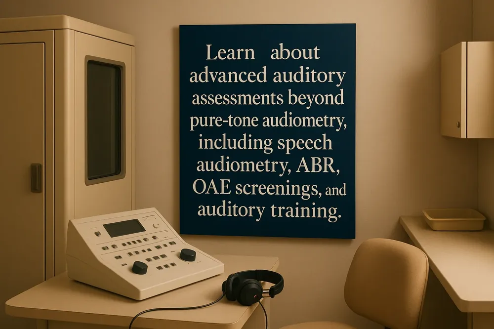 Learn about advanced auditory assessments beyond pure-tone audiometry, including speech audiometry, ABR, OAE screenings, and auditory training.