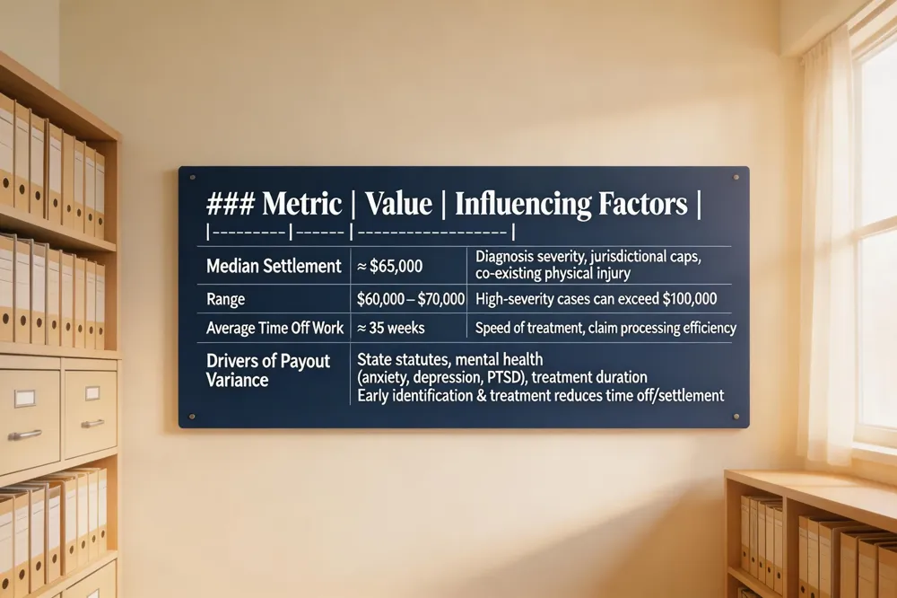 ### Metric | Value | Influencing Factors |
|---|---|---|
| Median Settlement | ≈ $65,000 | Diagnosis severity, jurisdictional caps, presence of co‑existing physical injury |
| Range | $60,000 – $70,000 (typical) | High‑severity cases can exceed $100,000 |
| Average Time Off Work | ≈ 35 weeks | Speed of treatment, claim processing efficiency |
| Drivers of Payout Variance | State statutes, mental‑health diagnosis (anxiety, depression, PTSD), treatment duration | Early identification & treatment can reduce both time off and settlement size |
| 
