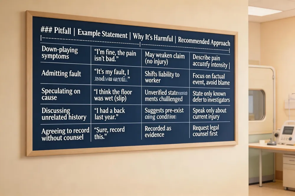 ### Pitfall | Example Statement | Why It's Harmful | Recommended Approach |
|---|---|---|---|
| Down‑playing symptoms | “I’m fine, the pain isn’t bad.” | May be construed as no injury, weakens claim | Describe pain accurately, quantify intensity and impact |
| Admitting fault | “It’s my fault, I should have been more careful.” | Can shift liability to the worker | Focus on factual description of the event, avoid blame language |
| Speculating on cause | “I think the slip happened because the floor was wet.” | Unverified statements can be challenged | State only known facts; defer speculation to investigators |
| Discussing unrelated history | “I had a back issue last year.” | May suggest pre‑existing condition | Speak about current injury only; let medical experts address prior history |
| Agreeing to be recorded without counsel | “Sure, go ahead and record this.” | Recorded statements become part of evidence | Request legal counsel before any recorded interview or signing documents |
| 