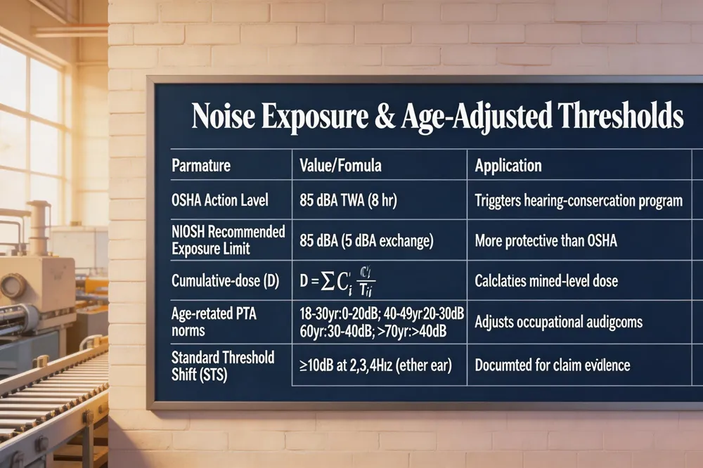 Noise Exposure & Age‑Adjusted Thresholds
| Parameter | Value/Formula | Application |
|---|---|---|
| OSHA Action Level | 85 dBA TWA (8 hr) | Triggers hearing‑conservation program |
| NIOSH Recommended Exposure Limit | 85 dBA for 8 hr (5 dBA exchange) | More protective than OSHA |
| Cumulative‑fraction dose (D) | D = Σ (Cᵢ / Tᵢ) | Calculates mixed‑level noise dose |
| Age‑related PTA norms | 18‑30 yr: 0‑20 dB; 40‑49 yr: 20‑30 dB; 60‑yr: 30‑40 dB; >70 yr: >40 dB | Adjusts interpretation of occupational audiograms |
| Standard Threshold Shift (STS) | ≥ 10 dB change at 2, 3, or 4 kHz in either ear | Documented for claim evidence |
| 