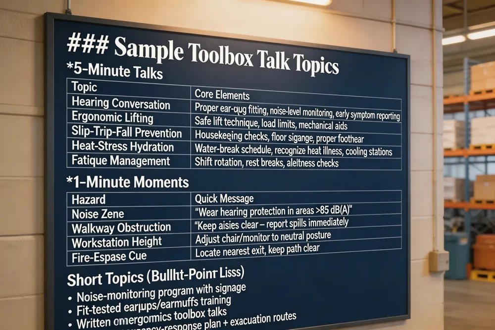 ### Sample Toolbox Talk Topics
5‑Minute Talks
| Topic | Core Elements |
|---|---|
| Hearing Conservation | Proper ear‑plug fitting, noise‑level monitoring, early symptom reporting |
| Ergonomic Lifting | Demonstrate safe lift technique, load limits, use of mechanical aids |
| Slip‑Trip‑Fall Prevention | Housekeeping checks, floor signage, proper footwear |
| Heat‑Stress Hydration | Water‑break schedule, recognize heat‑related illness, cooling stations |
| Fatigue Management | Shift rotation, rest breaks, alertness self‑assessment |
1‑Minute Moments
| Hazard | Quick Message |
|---|---|
| Noise Zone | "Wear hearing protection in areas >85 dB(A)" |
| Walkway Obstruction | "Keep aisles clear – report spills immediately" |
| Workstation Height | "Adjust chair and monitor to neutral posture" |
| Fire‑Escape Cue | "Locate nearest exit, keep path clear" |
Short Topics (Bullet‑Point Lists)
- Noise‑monitoring program with signage
- Fit‑tested earplugs/earmuffs training
- Interactive ergonomics toolbox talks
- Written emergency‑response plan with clear evacuation routes 