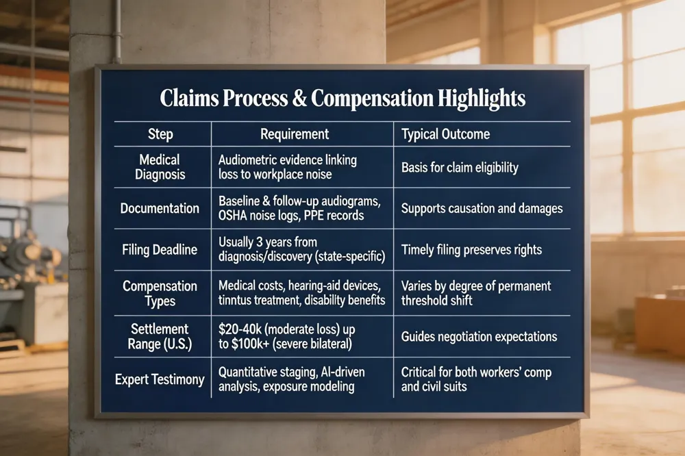 Claims Process & Compensation Highlights
| Step | Requirement | Typical Outcome |
|---|---|---|
| Medical Diagnosis | Audiometric evidence linking loss to workplace noise | Basis for claim eligibility |
| Documentation | Baseline & follow‑up audiograms, OSHA noise logs, PPE records | Supports causation and damages |
| Filing Deadline | Usually 3 years from diagnosis/discovery (state‑specific) | Timely filing preserves rights |
| Compensation Types | Medical costs, hearing‑aid devices, tinnitus treatment, disability benefits | Varies by degree of permanent threshold shift |
| Settlement Range (U.S.) | $20‑40 k (moderate loss) up to $100 k+ (severe bilateral) | Guides negotiation expectations |
| Expert Testimony | Quantitative staging, AI‑driven analysis, exposure modeling | Critical for both workers’ comp and civil suits |
| 