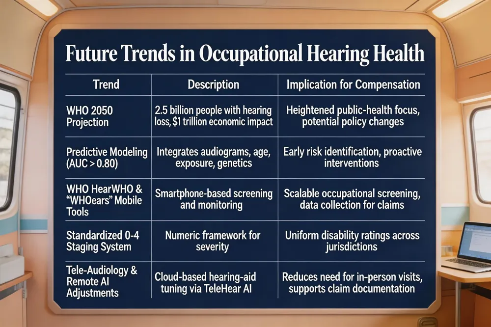 Future Trends in Occupational Hearing Health
| Trend | Description | Implication for Compensation |
|---|---|---|
| WHO 2050 Projection | 2.5 billion people with hearing loss; $1 trillion economic impact | Heightened public‑health focus, potential policy changes |
| Predictive Modeling (AUC > 0.80) | Integrates audiograms, age, exposure, genetics | Early risk identification, proactive interventions |
| WHO HearWHO & “WHOears” Mobile Tools | Smartphone‑based screening and monitoring | Scalable occupational screening, data collection for claims |
| Standardized 0‑4 Staging System | Numeric framework for severity | Uniform disability ratings across jurisdictions |
| Tele‑Audiology & Remote AI Adjustments | Cloud‑based hearing‑aid tuning via TeleHear AI | Reduces need for in‑person visits, supports claim documentation |
| 