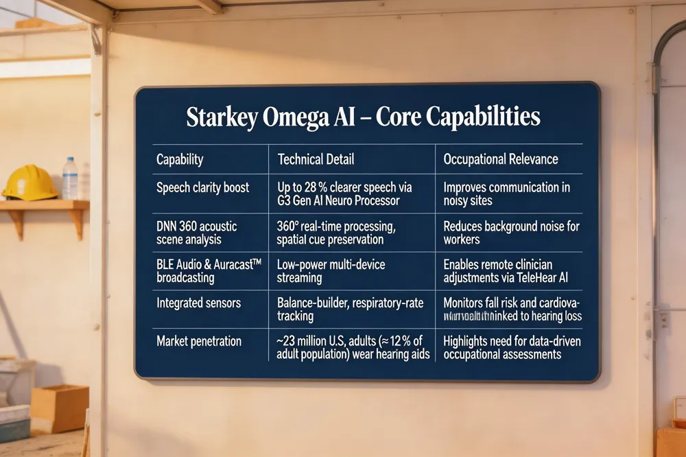 Starkey Omega AI – Core Capabilities
| Capability | Technical Detail | Occupational Relevance |
|---|---|---|
| Speech clarity boost | Up to 28 % clearer speech via G3 Gen AI Neuro Processor | Improves communication in noisy sites |
| DNN 360 acoustic scene analysis | 360‑degree real‑time processing, spatial cue preservation | Reduces background noise for workers |
| BLE Audio & Auracast™ broadcasting | Low‑power multi‑device streaming | Enables remote clinician adjustments via TeleHear AI |
| Integrated sensors | Balance‑builder, respiratory‑rate tracking | Monitors fall risk and cardiovascular health linked to hearing loss |
| Market penetration | ~23 million U.S. adults (≈ 12 % of adult population) wear hearing aids | Highlights need for data‑driven occupational assessments |
| 