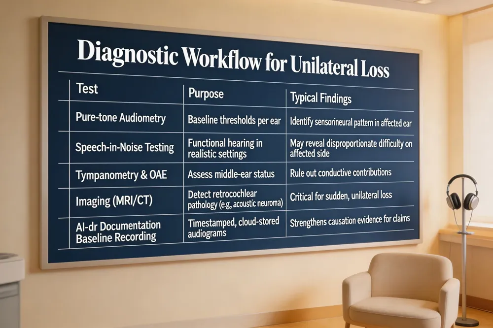 Diagnostic Workflow for Unilateral Loss
| Test | Purpose | Typical Findings |
|---|---|---|
| Pure‑tone Audiometry | Baseline thresholds per ear | Identify sensorineural pattern in affected ear |
| Speech‑in‑Noise Testing | Functional hearing in realistic settings | May reveal disproportionate difficulty on affected side |
| Tympanometry & OAE | Assess middle‑ear status | Rule out conductive contributions |
| Imaging (MRI/CT) | Detect retrocochlear pathology (e.g., acoustic neuroma) | Critical for sudden, unilateral loss |
| AI‑dr Documentation Baseline Recording | Timestamped, cloud‑stored audiograms | Strengthens causation evidence for claims |
| 