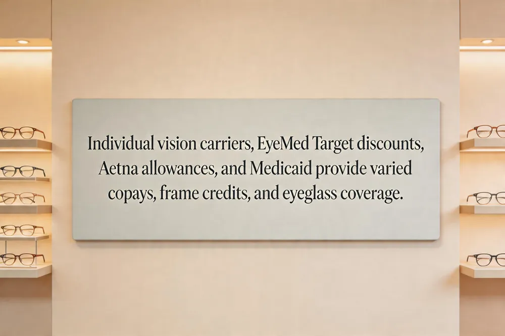 Individual vision carriers, EyeMed Target discounts, Aetna allowances, and Medicaid provide varied copays, frame credits, and eyeglass coverage.