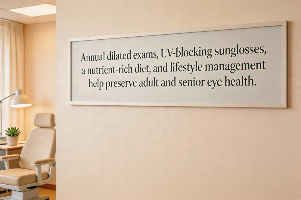 Annual dilated exams, UV‑blocking sunglasses, a nutrient‑rich diet, and lifestyle management help preserve adult and senior eye health.