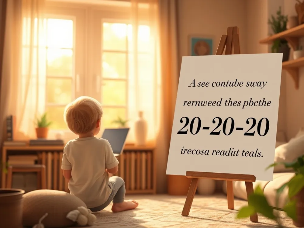 A child in a cozy room looks away from a laptop screen toward a sunlit window, embodying the simple but effective 20-20-20 rule.