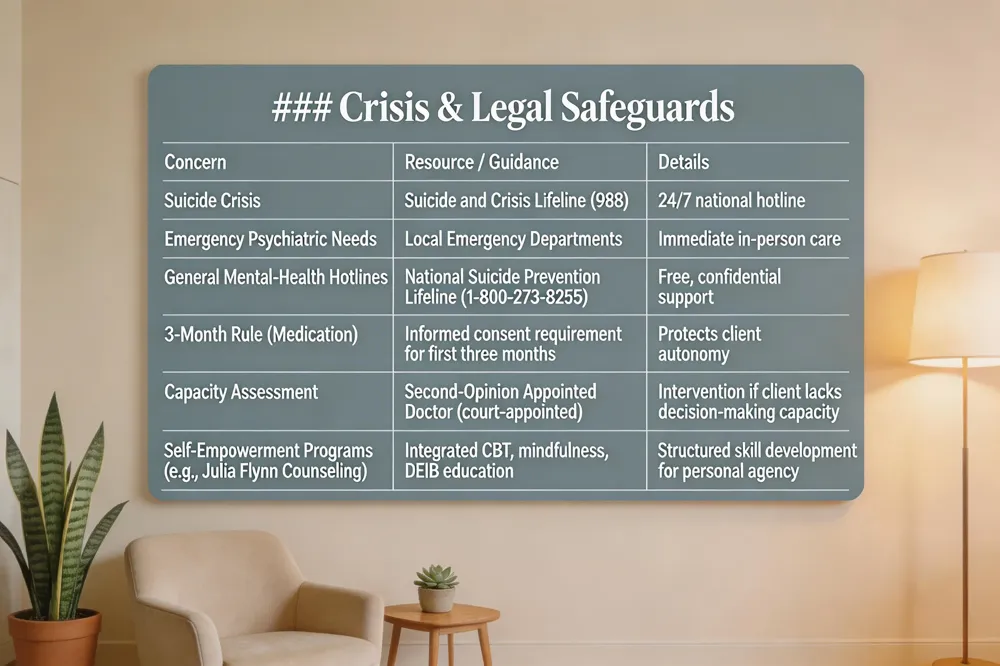 ### Crisis & Legal Safeguards
| Concern | Resource / Guidance | Details |
|---|---|---|
| Suicide Crisis | Suicide and Crisis Lifeline (988) | 24/7 national hotline |
| Emergency Psychiatric Needs | Local Emergency Departments | Immediate in‑person care |
| General Mental‑Health Hotlines | National Suicide Prevention Lifeline (1‑800‑273‑8255) | Free, confidential support |
| 3‑Month Rule (Medication) | Informed consent requirement for first three months | Protects client autonomy |
| Capacity Assessment | Second‑Opinion Appointed Doctor (court‑appointed) | Intervention if client lacks decision‑making capacity |
| Self‑Empowerment Programs (e.g., Julia Flynn Counseling) | Integrated CBT, mindfulness, DEIB education | Structured skill development for personal agency |
| 