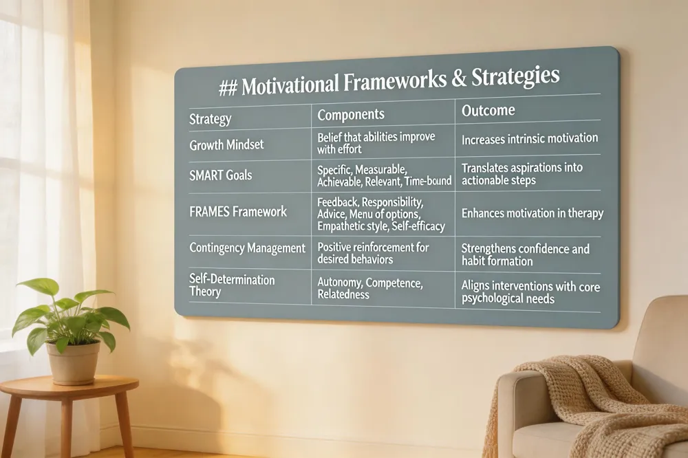 ### Motivational Frameworks & Strategies
| Strategy | Components | Outcome |
|---|---|---|
| Growth Mindset | Belief that abilities improve with effort | Increases intrinsic motivation |
| SMART Goals | Specific, Measurable, Achievable, Relevant, Time‑bound | Translates aspirations into actionable steps |
| FRAMES Framework | Feedback, Responsibility, Advice, Menu of options, Empathetic style, Self‑efficacy | Enhances motivation in therapy |
| Contingency Management | Positive reinforcement for desired behaviors | Strengthens confidence and habit formation |
| Self‑Determination Theory | Autonomy, Competence, Relatedness | Aligns interventions with core psychological needs |
| 