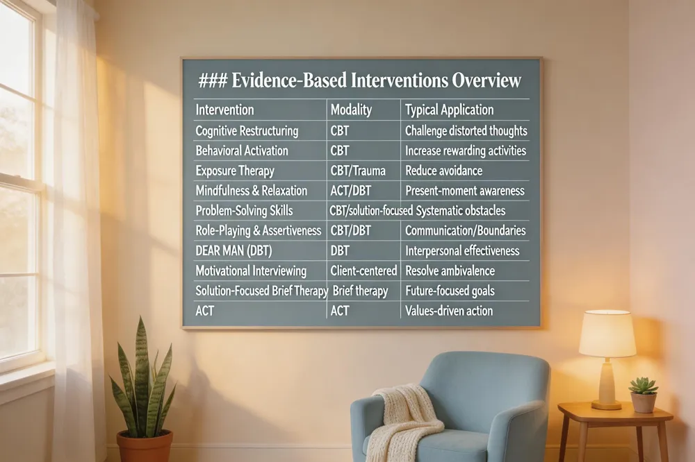 ### Evidence‑Based Interventions Overview
| Intervention | Modality | Typical Application |
|---|---|---|
| Cognitive Restructuring | CBT | Challenge distorted thoughts |
| Behavioral Activation | CBT | Increase engagement in rewarding activities |
| Exposure Therapy | CBT/Trauma | Reduce avoidance of feared stimuli |
| Mindfulness & Relaxation | ACT/DBT | Enhance present‑moment awareness |
| Problem‑Solving Skills | CBT/solution‑focused | Systematic approach to obstacles |
| Role‑Playing & Assertiveness Training | CBT/DBT | Practice communication and boundary setting |
| DEAR MAN (DBT) | DBT | Structured interpersonal effectiveness |
| Motivational Interviewing | Client‑centered | Resolve ambivalence, strengthen change talk |
| Solution‑Focused Brief Therapy | Brief therapy | Identify resources and set future‑focused goals |
| ACT (Acceptance & Commitment Therapy) | ACT | Values‑driven action, cognitive defusion |
| 