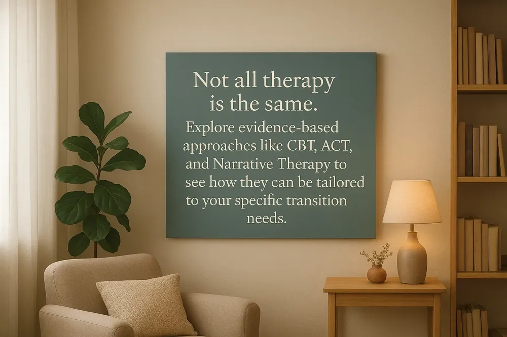 Not all therapy is the same. Explore evidence-based approaches like CBT, ACT, and Narrative Therapy to see how they can be tailored to your specific transition needs.