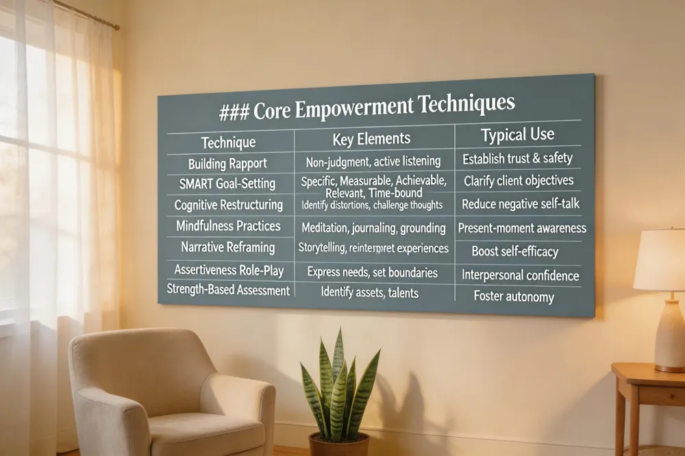 ### Core Empowerment Techniques
| Technique | Key Elements | Typical Use ||-----------|--------------|------------| | Building Rapport | Non‑judgment, therapeutic silence, active listening | Establish trust and safety | | SMART Goal‑Setting | Specific, Measurable, Achievable, Relevant, Time‑bound | Clarify client objectives | | Cognitive Restructuring | Identify distortions, challenge thoughts, replace with balanced alternatives | Reduce negative self‑talk | | Mindfulness Practices | Guided meditation, journaling, grounding | Enhance present‑moment awareness | | Narrative Reframing | Storytelling, reinterpretation of experiences | Boost self‑efficacy and agency | | Assertiveness Role‑Play | Practice expressing needs, setting boundaries | Strengthen interpersonal confidence | | Strength‑Based Assessment | Identify assets, resources, talents | Foster autonomy and capacity building | 