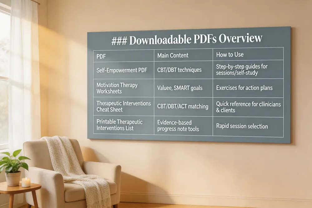 ### Downloadable PDFs Overview
| Main Content | How to Use | |
|---|---|---|
| Self‑Empowerment PDF | CBT techniques (cognitive restructuring, behavioral activation, exposure, mindfulness), DBT communication (DEAR MAN) | Follow step‑by‑step guides during sessions or self‑study |
| Motivation Therapy Worksheets | Values clarification, intrinsic driver identification, SMART goal planning | Complete exercises to uncover motivations and create action plans |
| Therapeutic Interventions Cheat Sheet | Symptom‑intervention matching (CBT, DBT, ACT, mindfulness) with brief descriptions & homework ideas | Quick reference for clinicians & clients |
| List of Therapeutic Interventions (Printable) | Organized list of evidence‑based tools for progress‑note writing | Select appropriate interventions rapidly during sessions |
| 