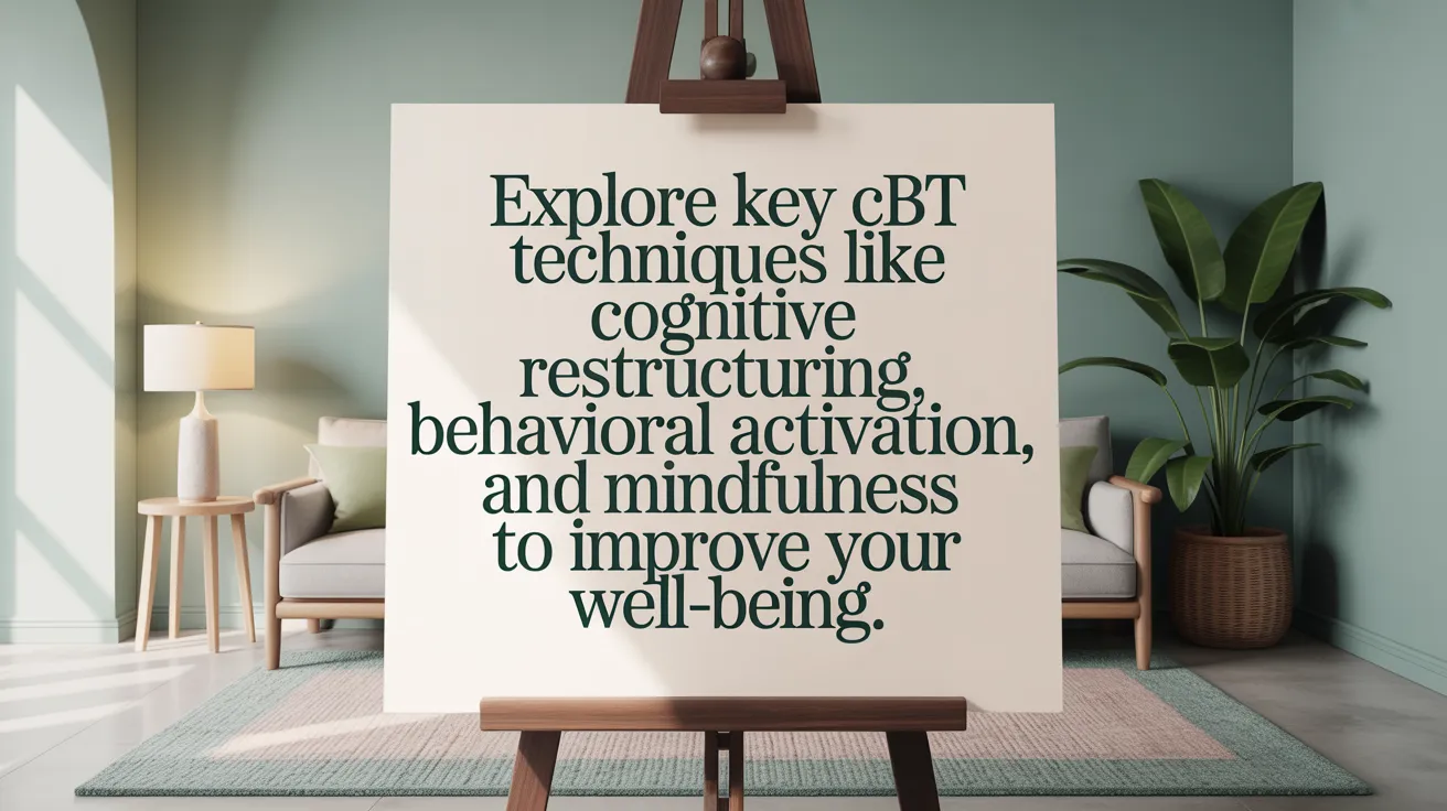 Explore key CBT techniques like cognitive restructuring, behavioral activation, and mindfulness to improve your well-being.