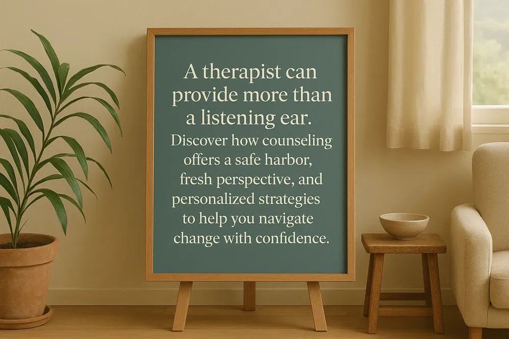 A therapist can provide more than a listening ear. Discover how counseling offers a safe harbor, fresh perspective, and personalized strategies to help you navigate change with confidence.