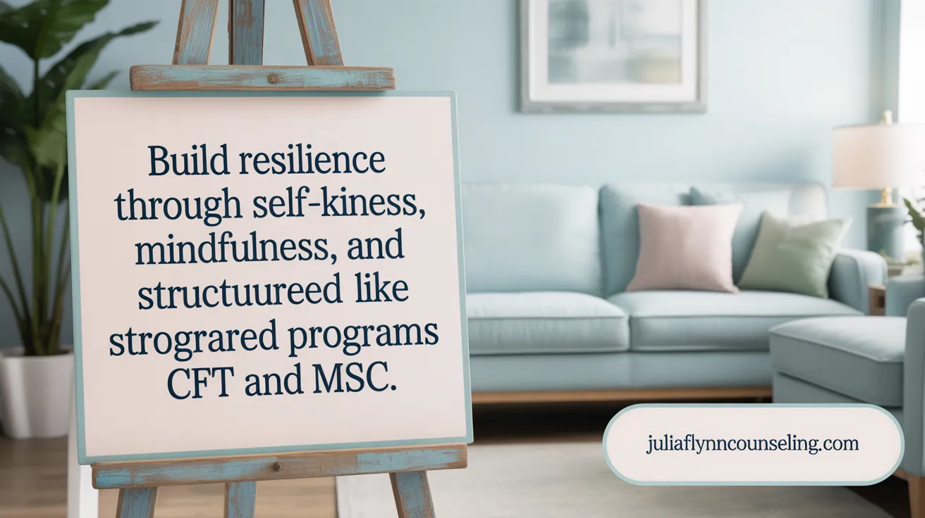 Build resilience through self-kindness, mindfulness, and structured programs like CFT and MSC.