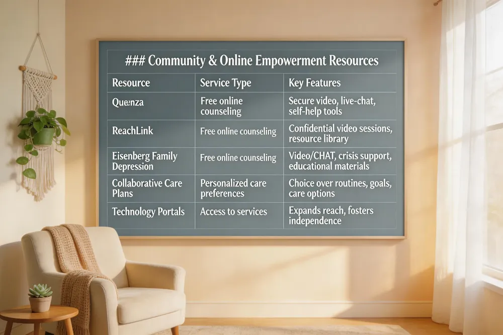 ### Community & Online Empowerment Resources
| Resource | Service Type | Key Features |
|---|---|---|
| Quenza | Free online counseling platform | Secure video, live‑chat, self‑help tools |
| ReachLink | Free online counseling | Confidential video sessions, resource library |
| Eisenberg Family Depression Center | Free online counseling | Video/CHAT, crisis support, educational materials |
| Collaborative Care Plans | Personalized care preferences | Choice over routines, goals, and care options |
| Technology Portals (telehealth, secure portals) | Access to services | Expands reach, fosters independence |
| 
