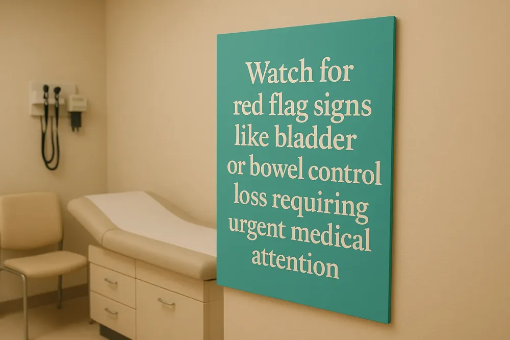 Watch for red flag signs like bladder or bowel control loss requiring urgent medical attention.
