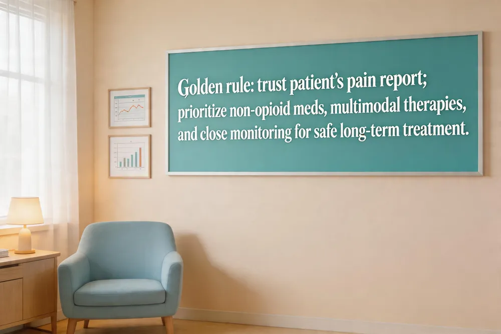 Golden rule: trust patient’s pain report; prioritize non‑opioid meds, multimodal therapies, and close monitoring for safe long‑term treatment.