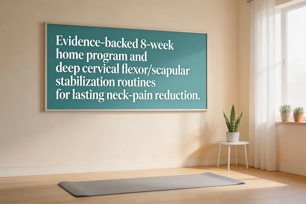 Evidence‑backed 8‑week home program and deep cervical flexor/scapular stabilization routines for lasting neck‑pain reduction.