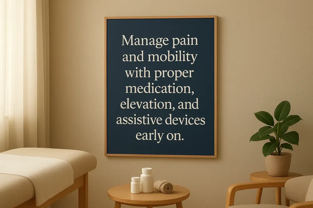 Manage pain and mobility with proper medication, elevation, and assistive devices early on.