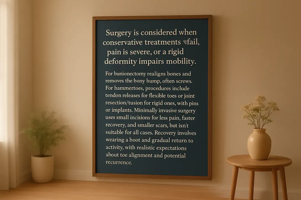 Surgery is considered when conservative treatments fail, pain is severe, or a rigid deformity impairs mobility. For bunions, a bunionectomy realigns bones and removes the bony bump, often using screws. For hammertoes, procedures include tendon releases for flexible toes or joint resection/fusion for rigid ones, with pins or implants. Minimally invasive surgery uses small incisions for less pain, faster recovery, and smaller scars, but isn't suitable for all cases. Recovery involves wearing a boot and gradual return to activity, with realistic expectations about toe alignment and potential recurrence.
