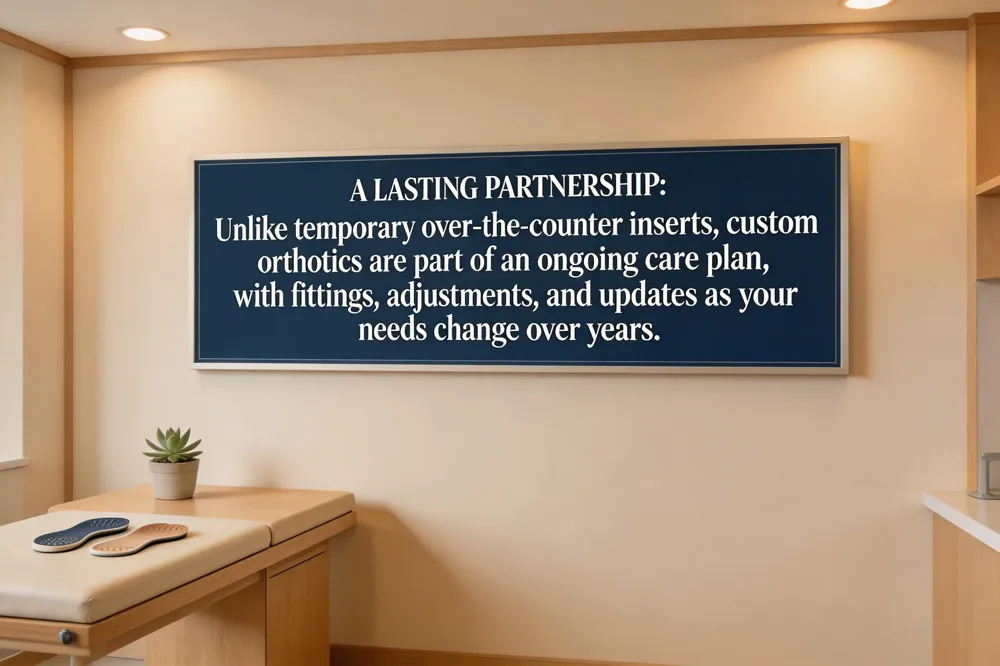 A LASTING PARTNERSHIP: Unlike temporary over-the-counter inserts, custom orthotics are part of an ongoing care plan, with fittings, adjustments, and updates as your needs change over years.
