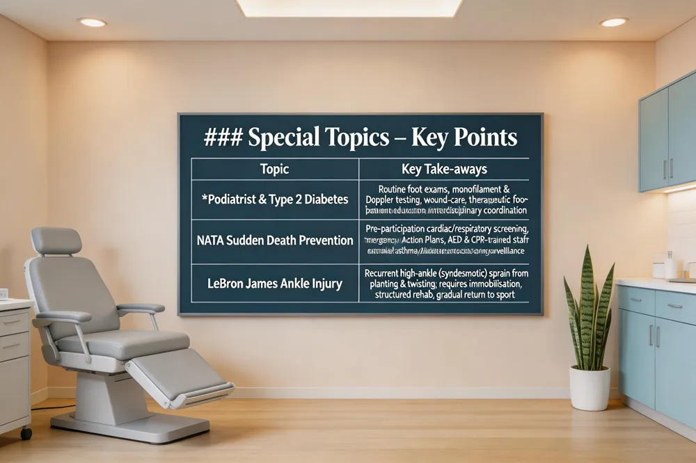 ### Special Topics – Key Points
| Topic | Key Take‑aways |
|---|---|
| Podiatrist & Type 2 Diabetes | Routine foot exams, monofilament & Doppler testing, wound‑care, therapeutic footwear, patient education, interdisciplinary coordination |
| NATA Sudden Death Prevention | Pre‑participation cardiac/respiratory screening, Emergency Action Plans, AED & CPR‑trained staff, heat‑stroke/asthma/diabetes protocols, ongoing surveillance |
| LeBron James Ankle Injury | Recurrent high‑ankle (syndesmotic) sprain from planting & twisting; requires immobilisation, structured rehab, gradual return to sport |
| 